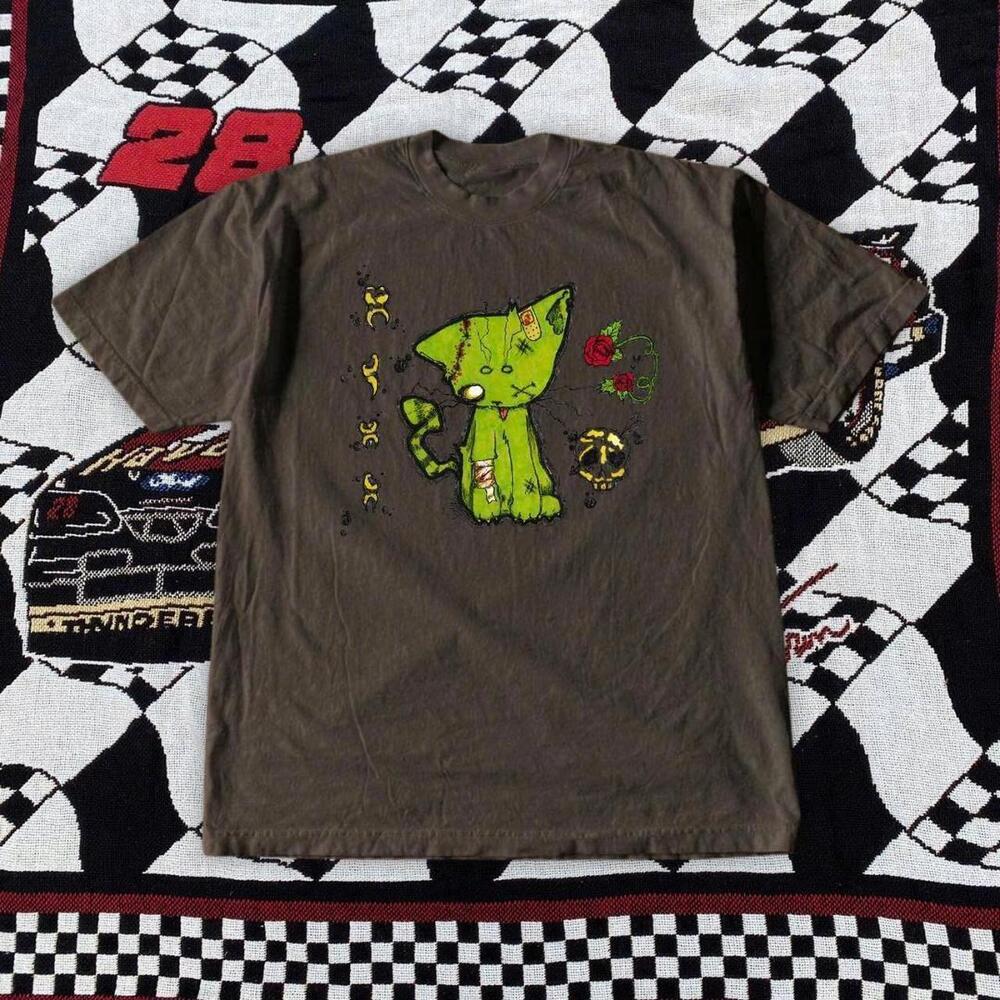 Brown & Green Graphic Tee Featuring A Cat Design